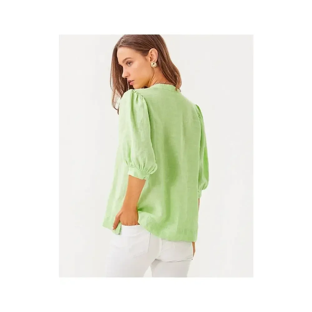 Lilly Pulitzer Maleigh Linen Top Jade Lime Resort Elbow Sleeve Size 8 NWT - Picture 4 of 4